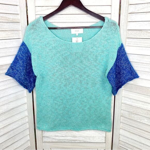 Julie Color Block Chunky Knit Sweater Green Blue Medium Large Short Sleeve - Picture 8 of 13
